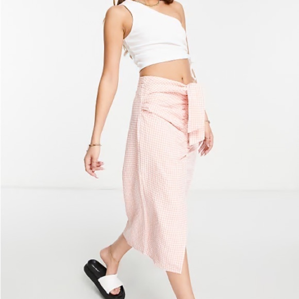 Mango pink & white gingham Falda ruched midi skirt - size Small (S) NWT
